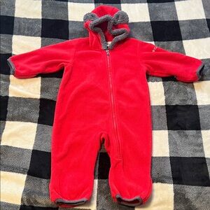 Columbia Red and Gray Fleece Baby Hooded One Piece Winter Outfit size 6-12 MON